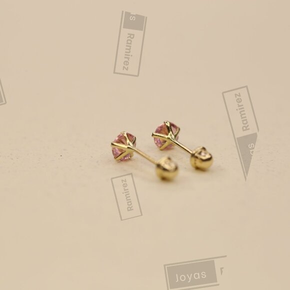 14K Solid Yellow Gold Round Pink CZ Stud Earrings • 4mm Feminine Elegant Design. - Picture 5 of 8